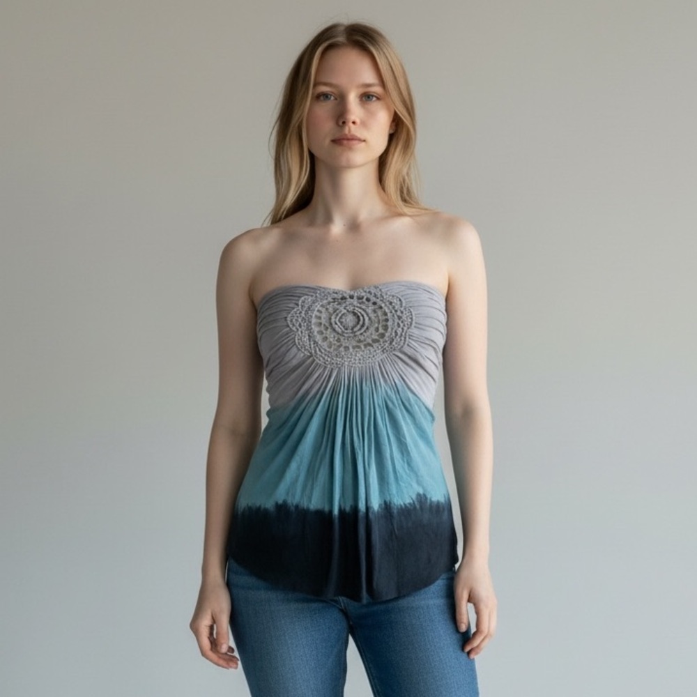 SKY Shop Blue Gray Strapless Crochet Rose Cutout Bohemian